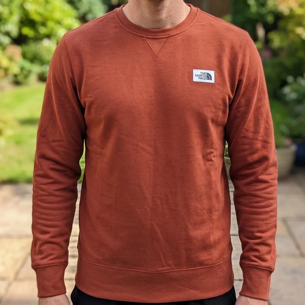 The North Face Mens Crewneck Sweatshirt Burnt Orange Rust Fleece Pullover Logo
